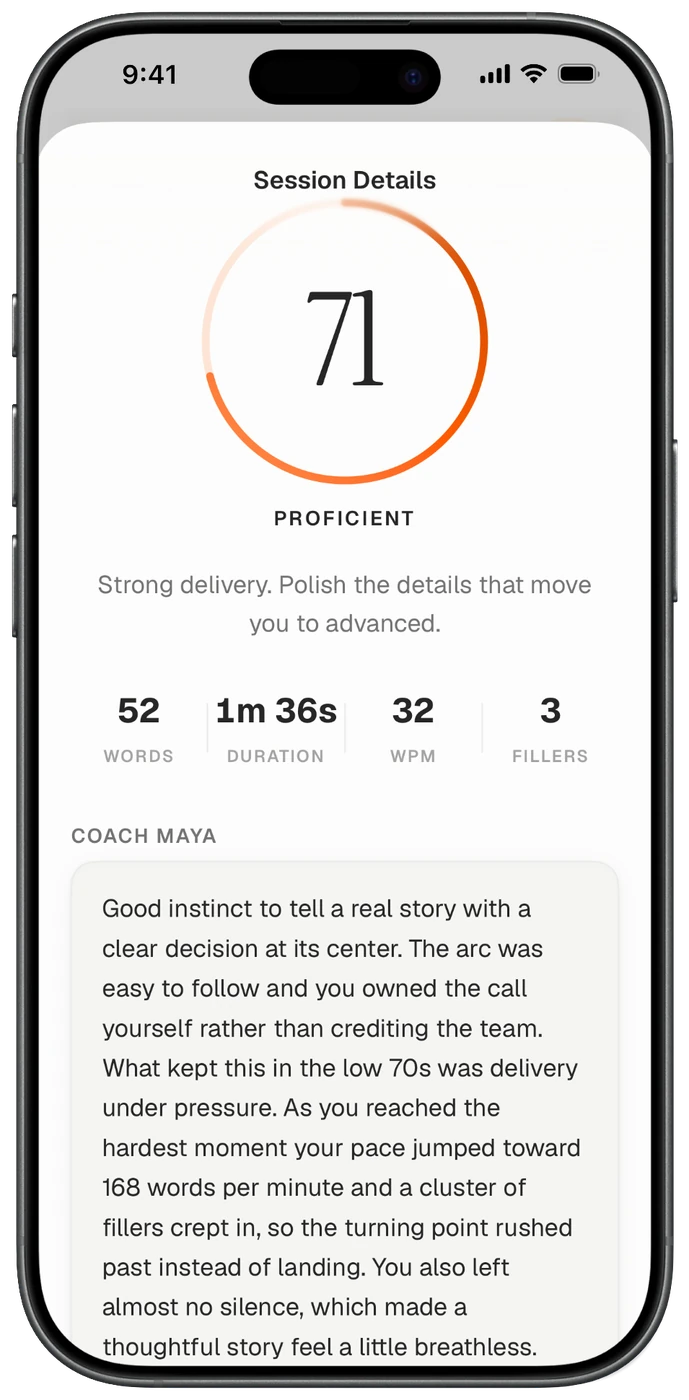 Feedback screen: a session score of 71 rated Proficient, with a written coach's note