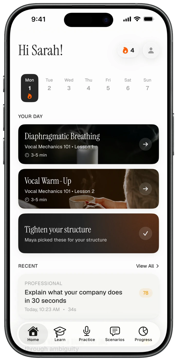 Home screen with today's plan and recent sessions