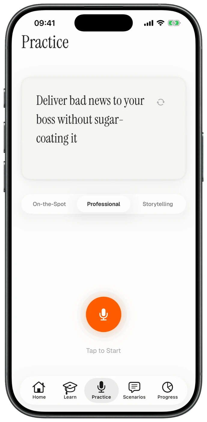 Practice screen showing a prompt and a tap-to-record button