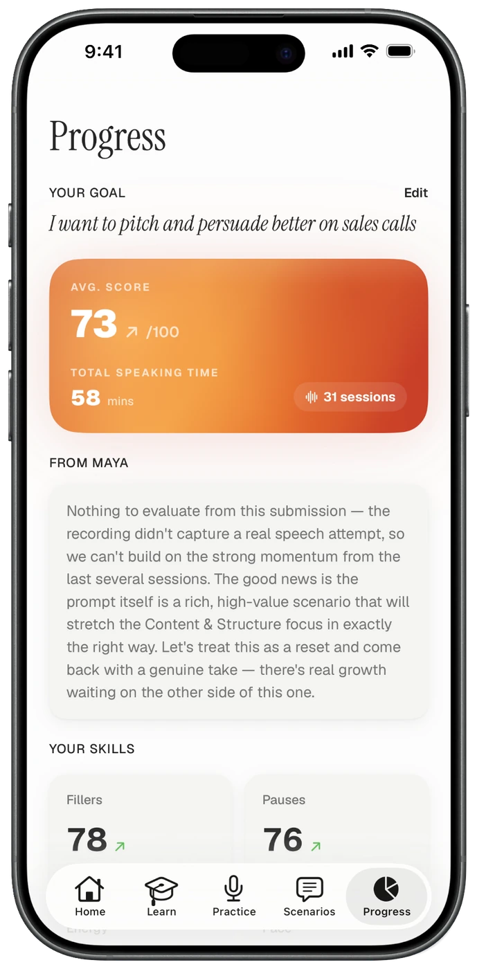 Progress screen with an average-score card and skill trends