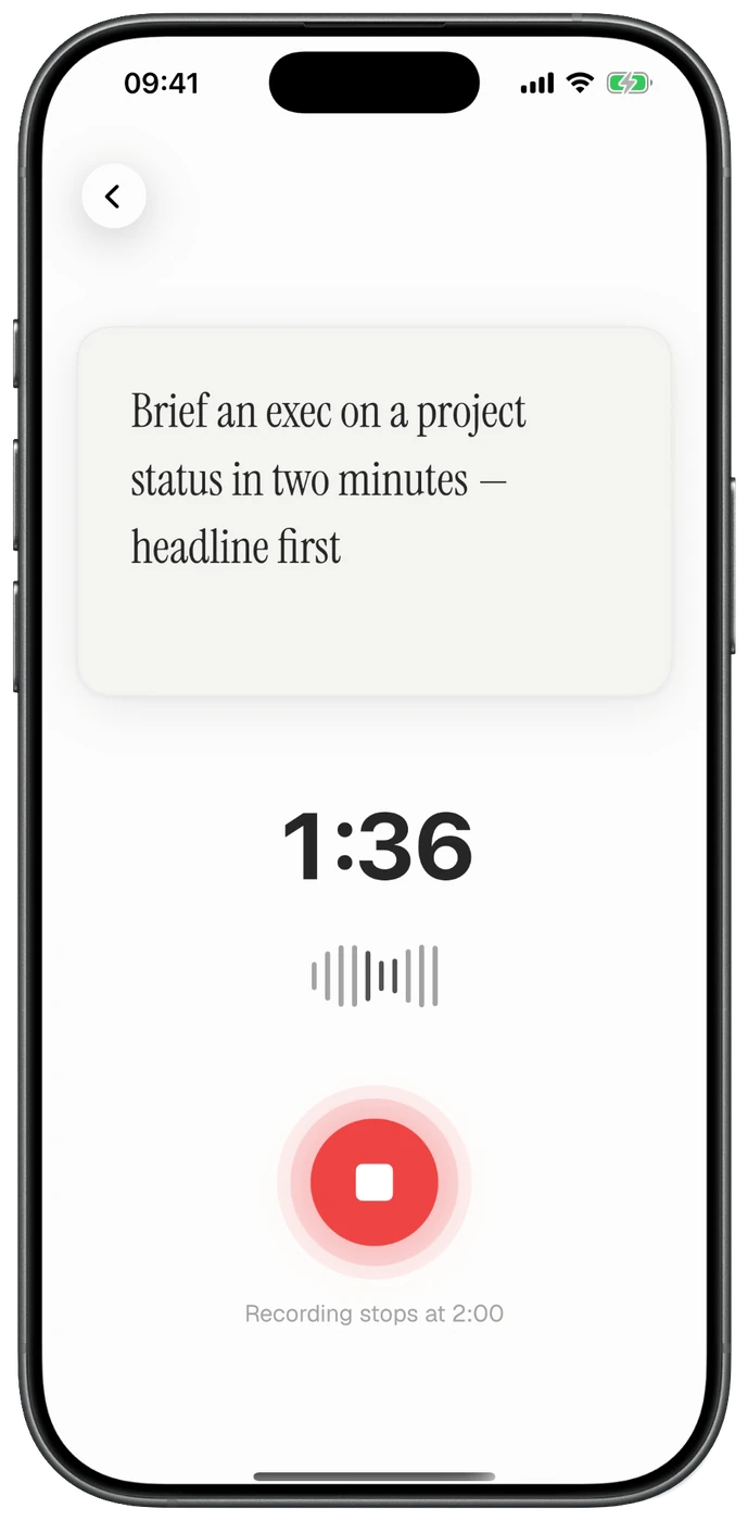 Gravitas recording screen with a live timer and waveform