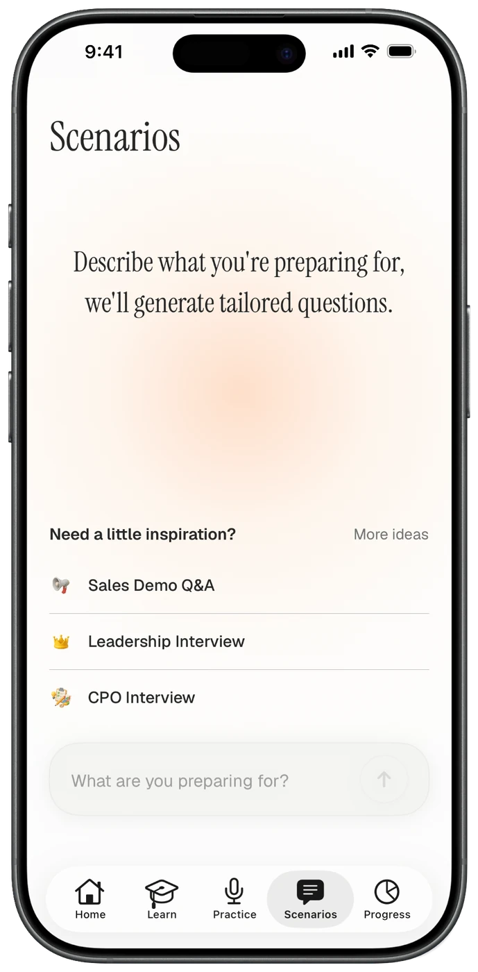 Scenarios screen generating tailored interview questions